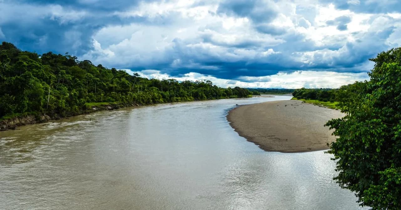 A river winding through dense rainforest under a dramatic sky in Chocó, Colombia's Pacific rainforest region