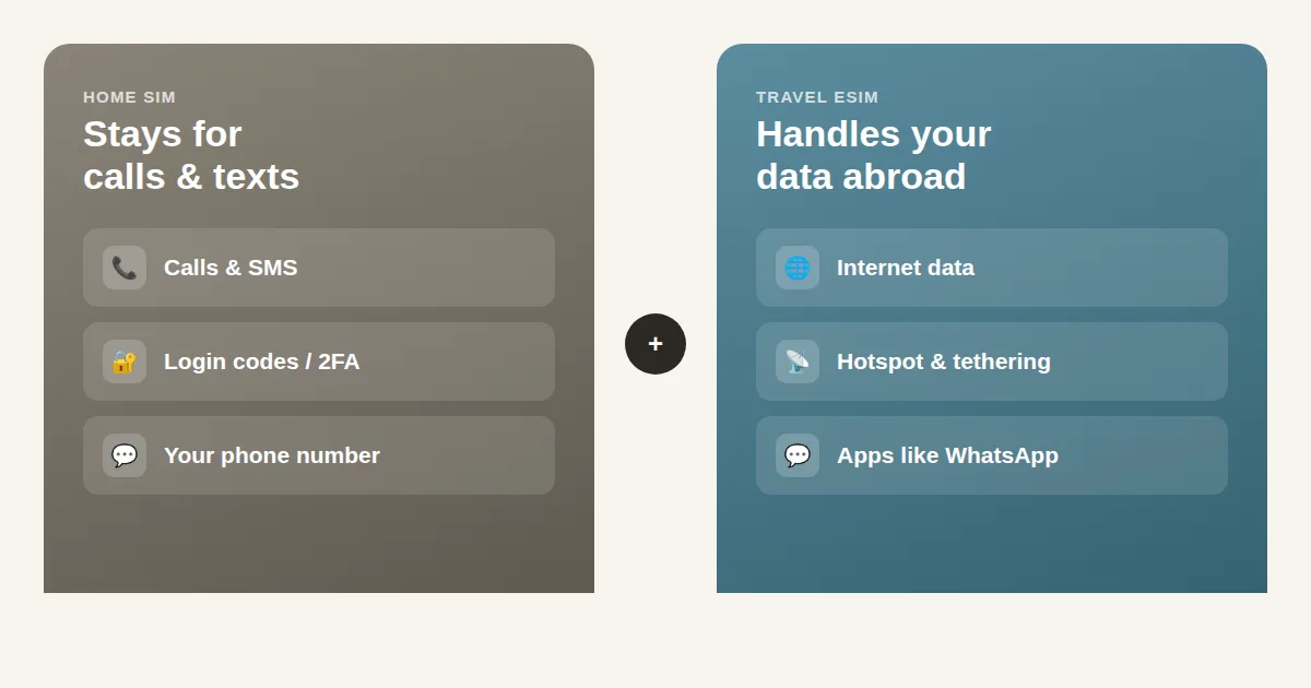 A split diagram: the home SIM card handling calls, SMS and login codes on one side, the travel eSIM handling internet data and hotspot on the other