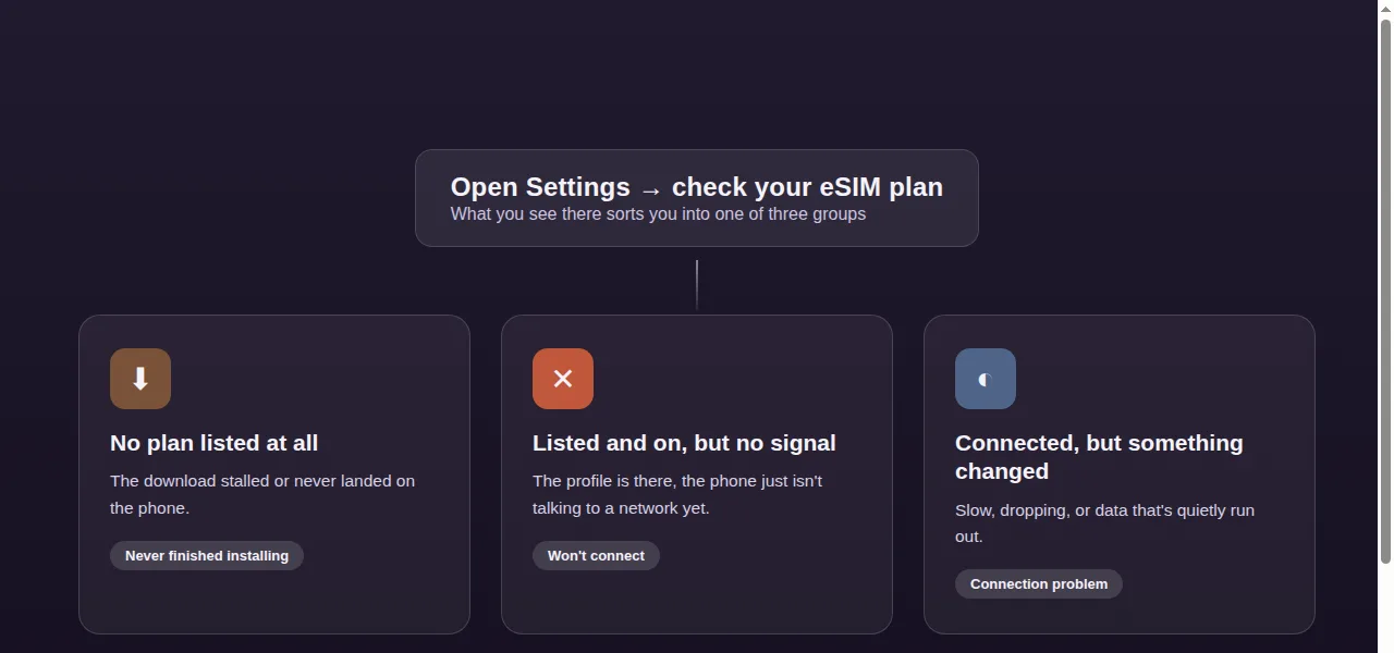 A labeled diagram sorting an eSIM problem into three groups: no plan listed at all, listed and on but no signal, or connected but something changed