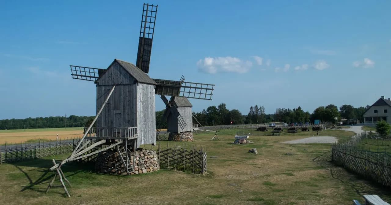 Traditional wooden post windmills standing in a grassy field on Saaremaa island, Estonia