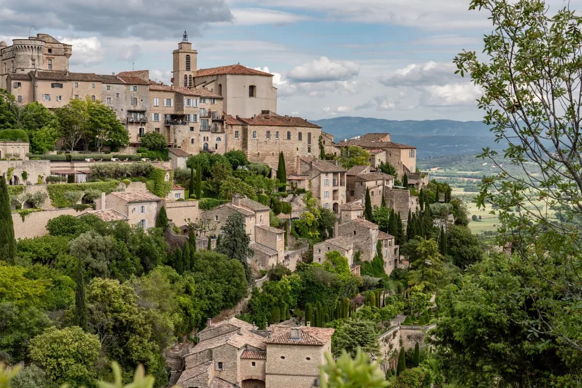 A hilltop village in the Provence countryside, France
