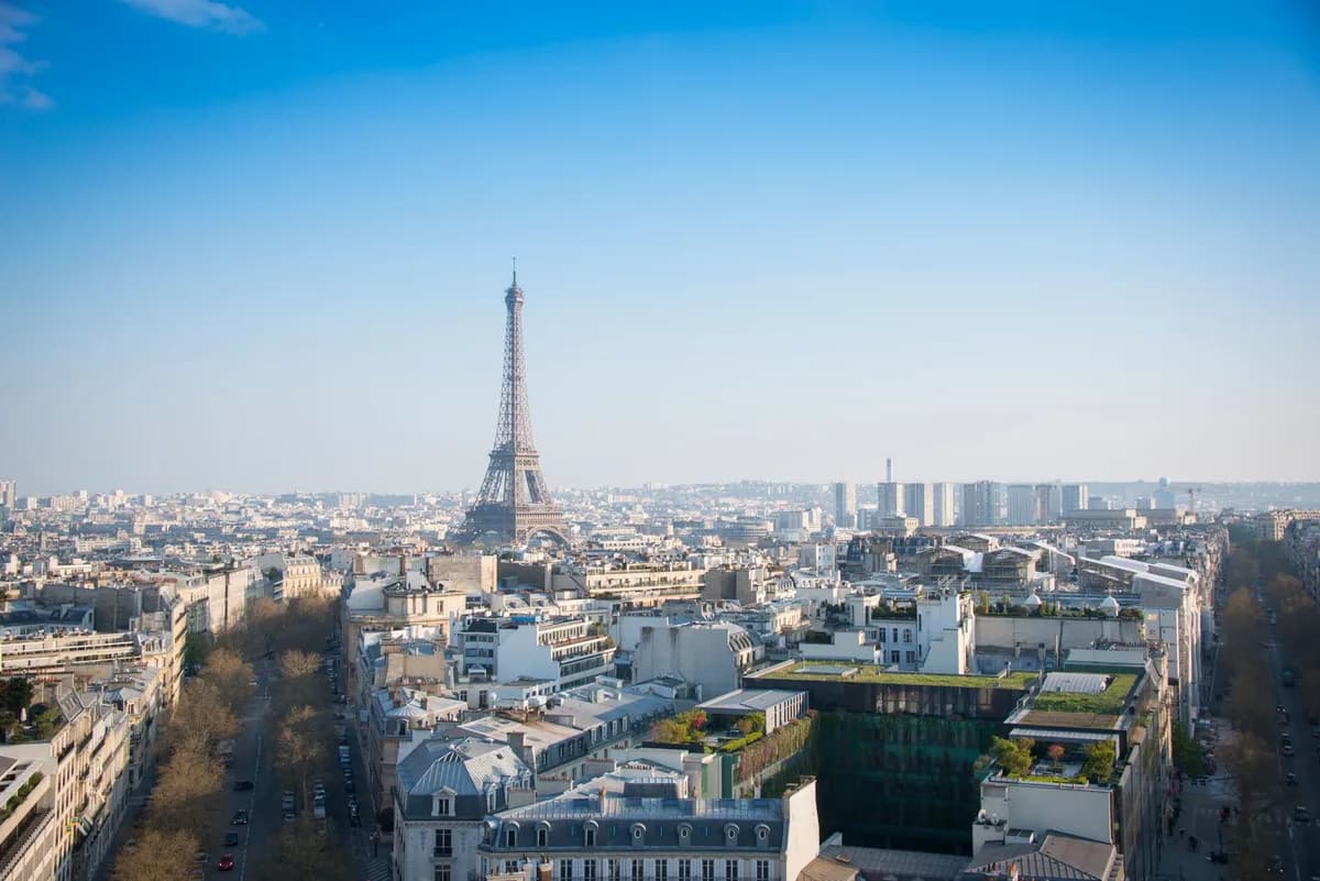 The Eiffel Tower and Paris skyline under a clear sky