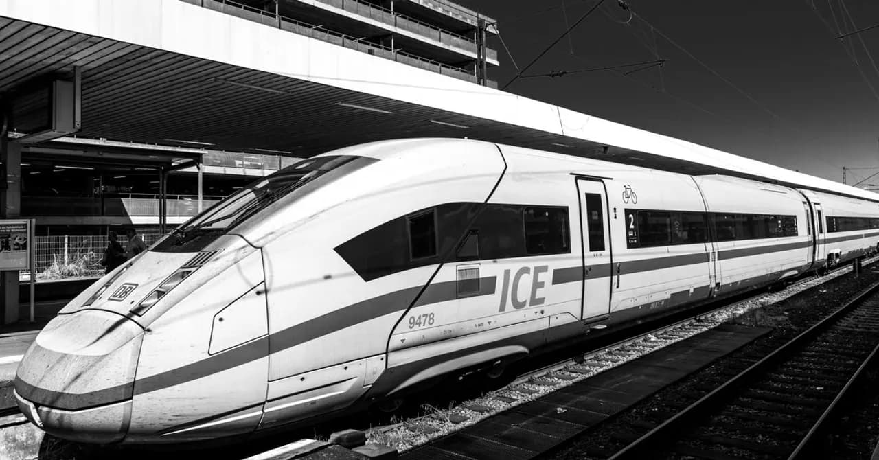 A Deutsche Bahn ICE high-speed train stopped at a station platform