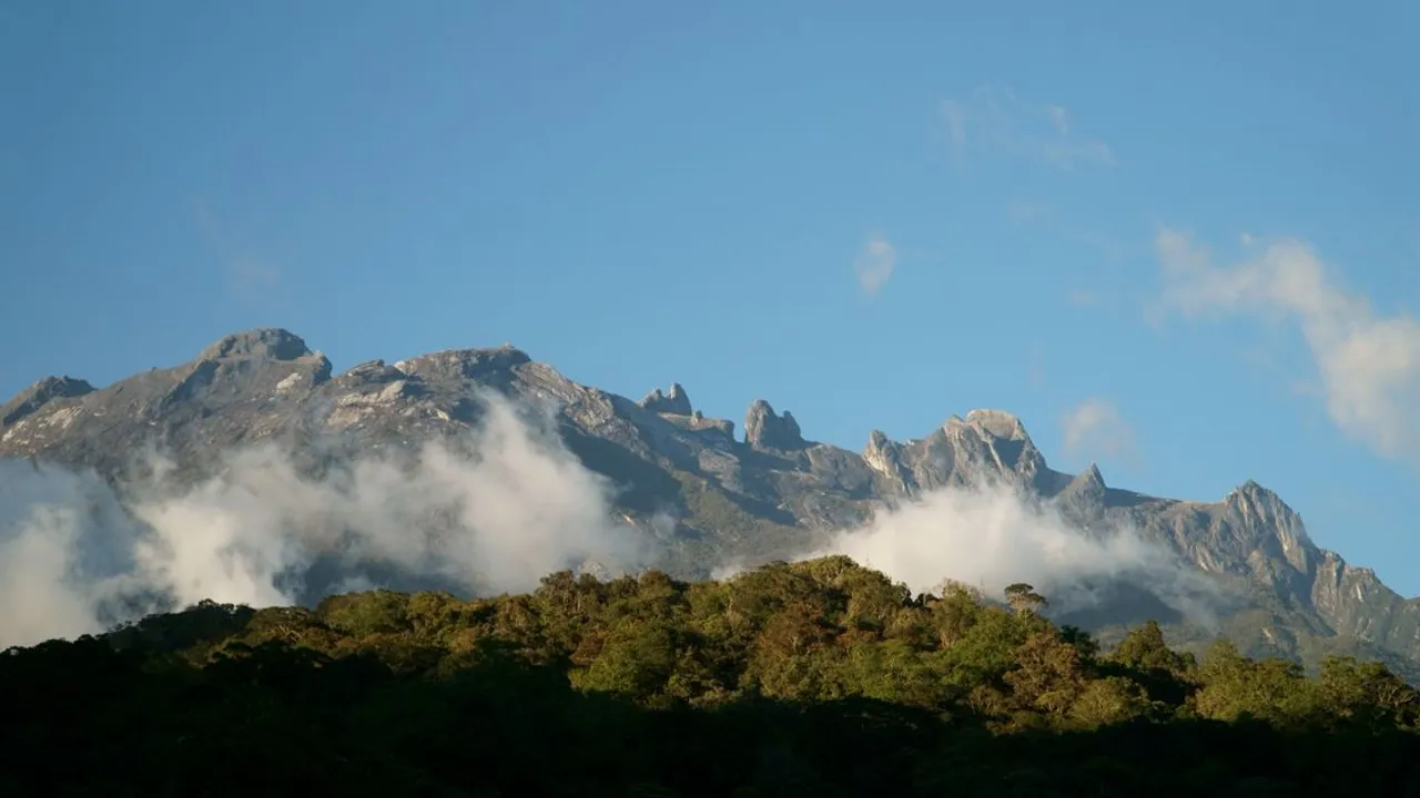 Sunrise over Mount Kinabalu's summit rising above a sea of clouds and dense rainforest in Sabah, Borneo