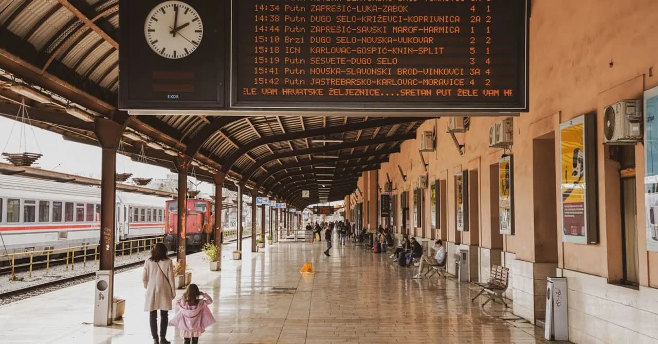 Een Europees perron met vertrekbord, een wachtende trein en reizigers die langslopen.