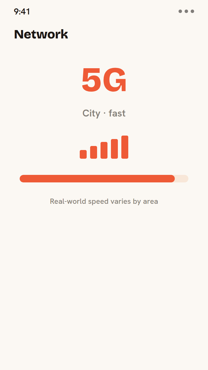 Animatie die de snelheid op een reis-eSIM vergelijkt: volle 5G met veel streepjes in de stad, en stabiele 4G met een lagere snelheidsmeter op het platteland.