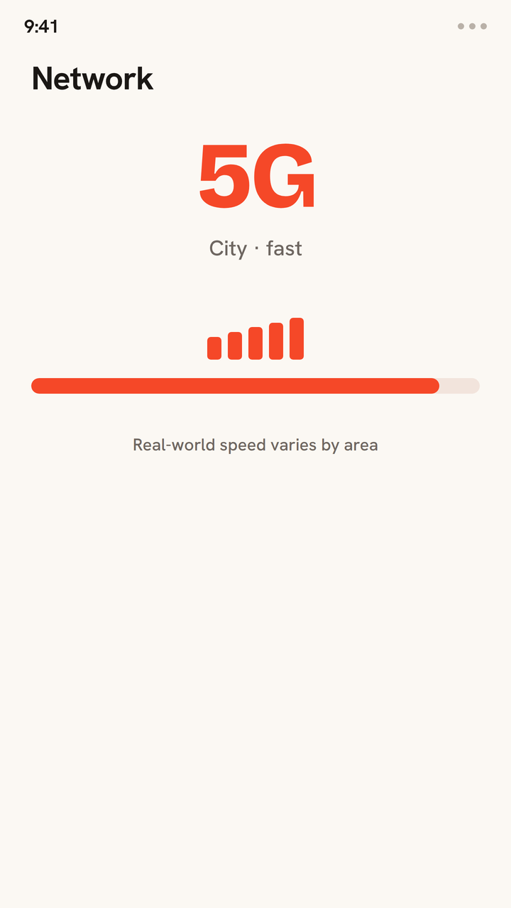 Animation contrasting network speed on a travel eSIM: full 5G with fast bars in the city, dropping to steady 4G with a lower speed meter in rural areas.