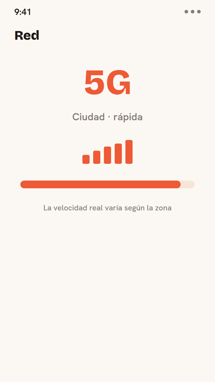 Animación que contrasta la velocidad de red en una eSIM de viaje: 5G completo con barras rápidas en la ciudad, que baja a 4G estable con un medidor de velocidad menor en zonas rurales.