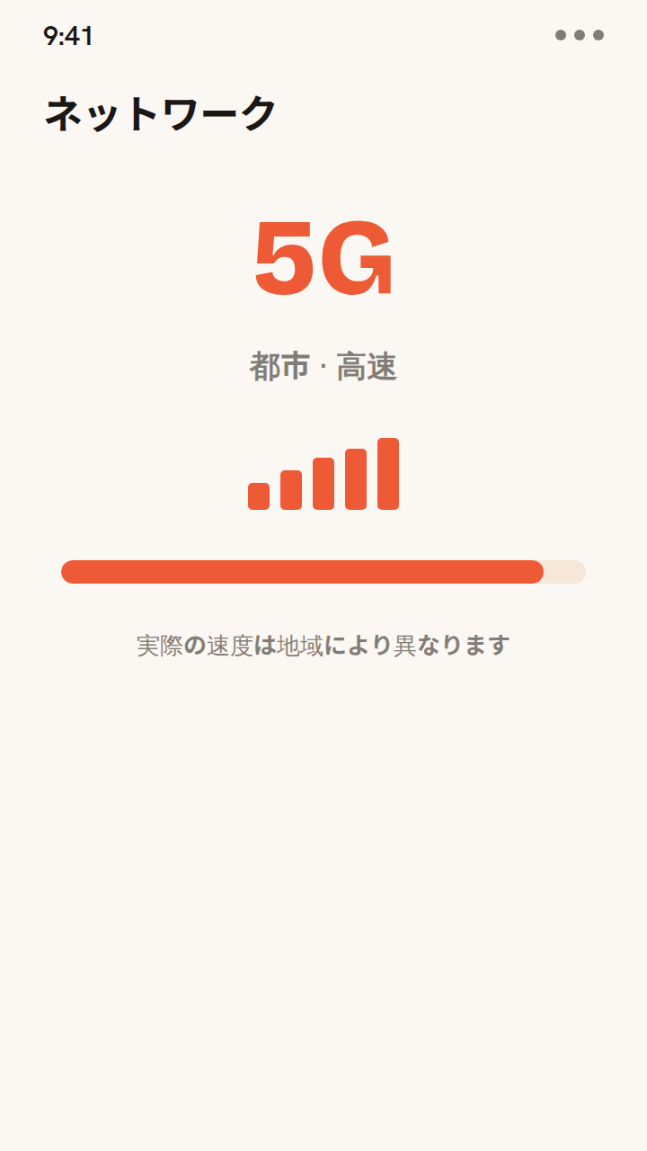 旅行用eSIMのネットワーク速度を比較するアニメーション:都市部では電波満タンの高速5G、地方では速度メーターが下がる安定した4Gに切り替わります。