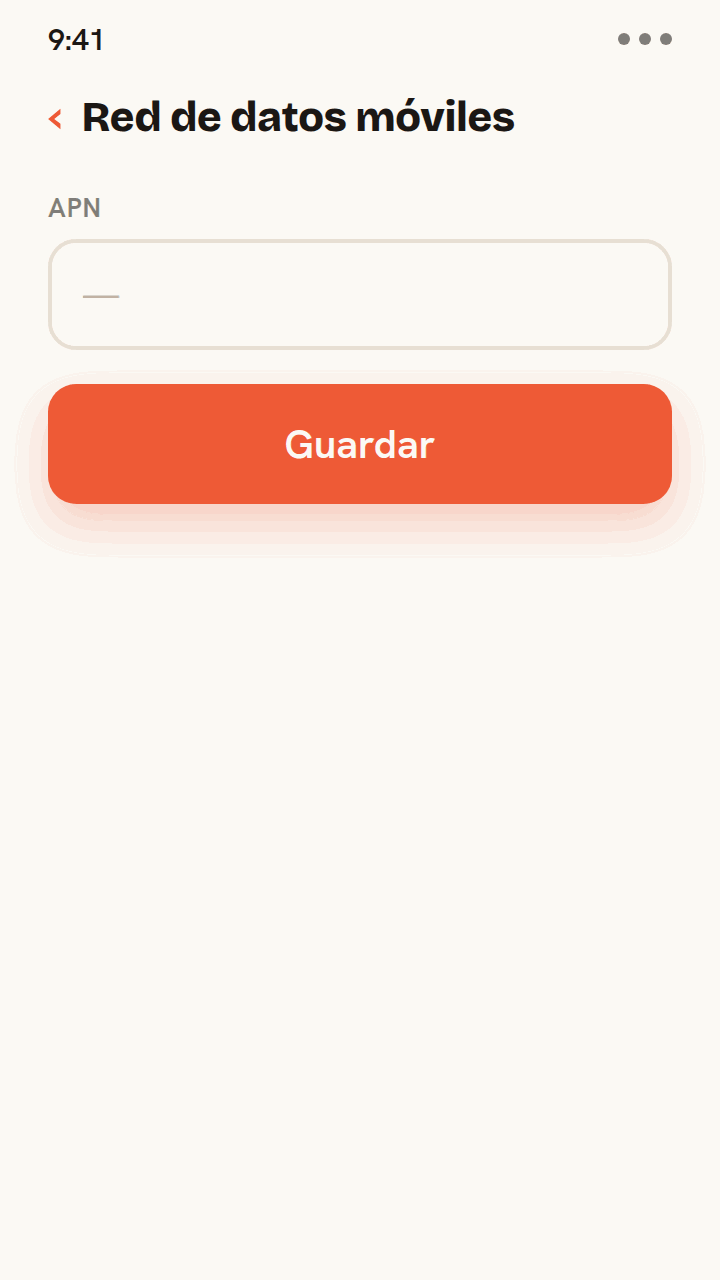 Animación para configurar el APN en una eSIM de viaje: escribe el valor del APN en el campo, toca Guardar y aparecen las barras de señal a medida que el teléfono se conecta.
