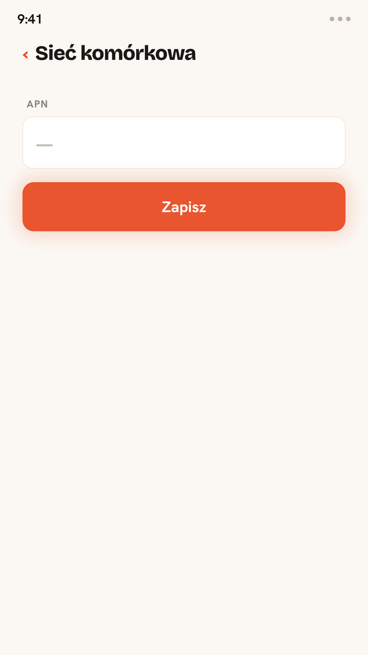 Animacja ustawiania APN na podróżnej eSIM: wpisz wartość APN w pole, dotknij Zapisz, a gdy telefon się połączy, podniosą się kreski zasięgu.