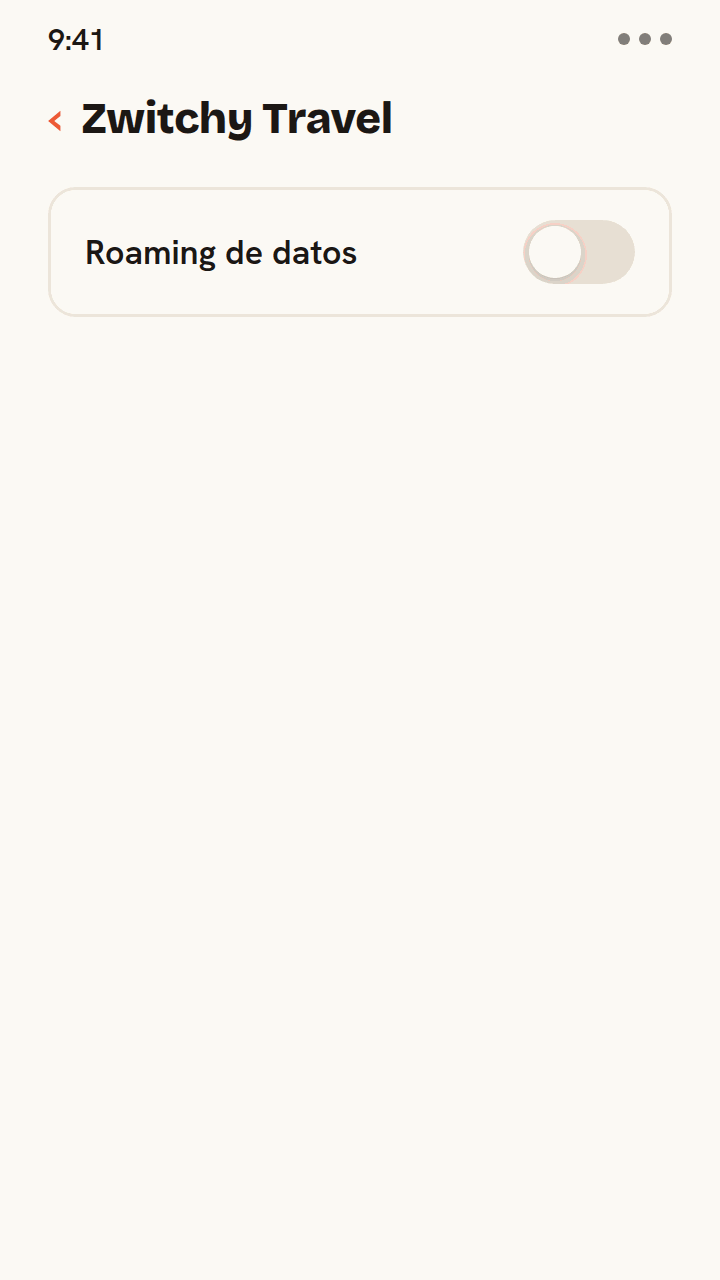 Animación que muestra cómo se activa el interruptor de Roaming de datos de una eSIM de viaje de Zwitchy, el teléfono se conecta a una red asociada local con señal completa y una nota indica que no hay cargos de tu operador.