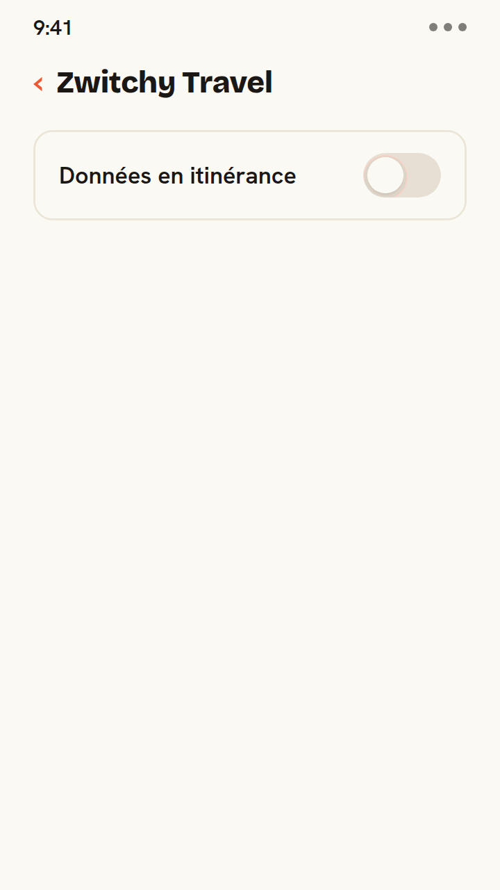 Animation montrant l'activation du bouton Données en itinérance pour une eSIM de voyage Zwitchy, le téléphone se connectant à un réseau partenaire local avec un signal complet, et une note indiquant qu'il n'y a aucun frais d'opérateur.