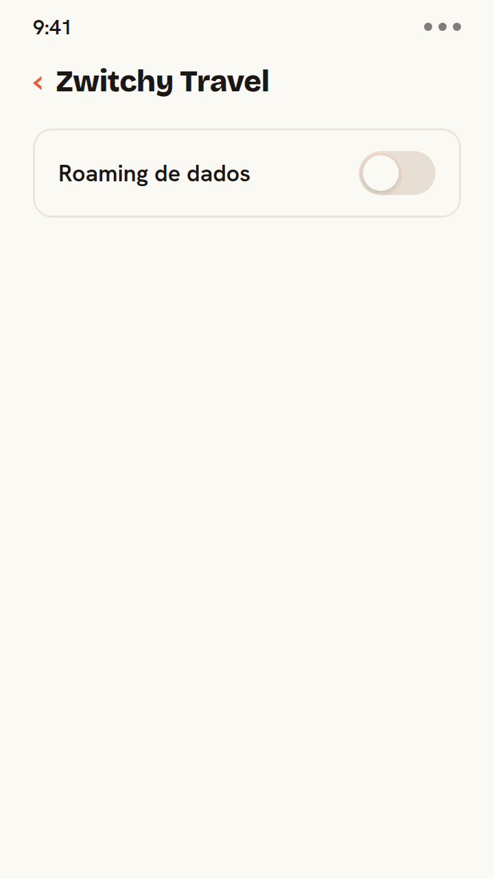 Animação mostrando o botão de Roaming de dados de um eSIM de viagem da Zwitchy sendo ativado, o telefone se conectando a uma rede parceira local com sinal completo e uma nota de que não há tarifas da operadora.
