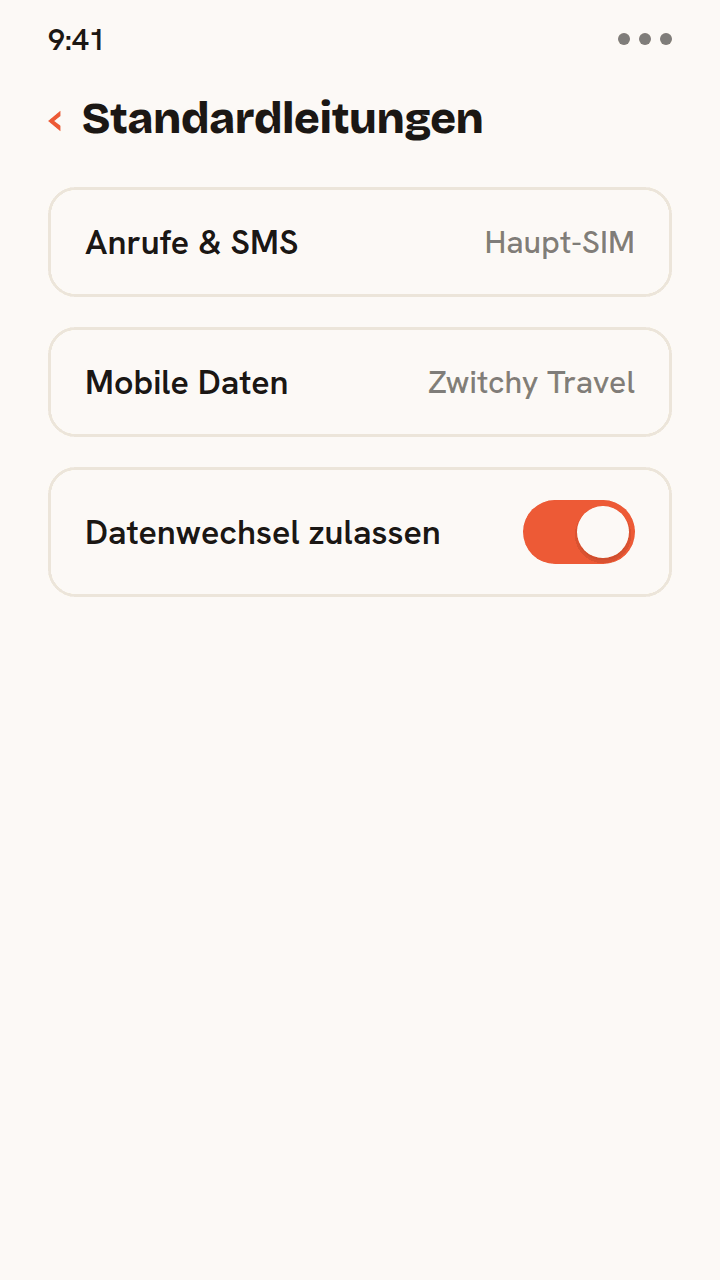 Animation der Dual-SIM-Leitungseinstellungen für die Reise: Anrufe und SMS bleiben auf der Haupt-SIM, die mobilen Daten wechseln auf die Zwitchy-Travel-eSIM und Datenwechsel zulassen wird ausgeschaltet.