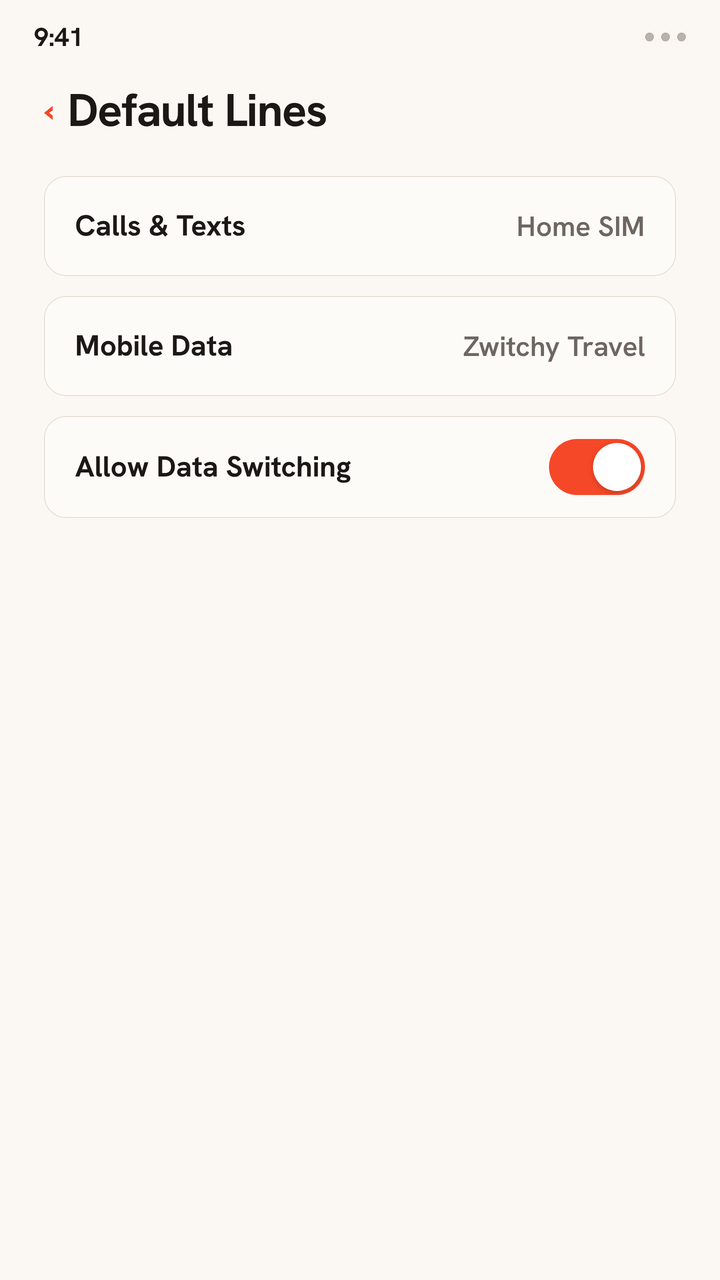 Animation of the dual-SIM line settings for travel: calls and texts stay on the home SIM, mobile data moves to the Zwitchy Travel eSIM, and Allow Data Switching is turned off.