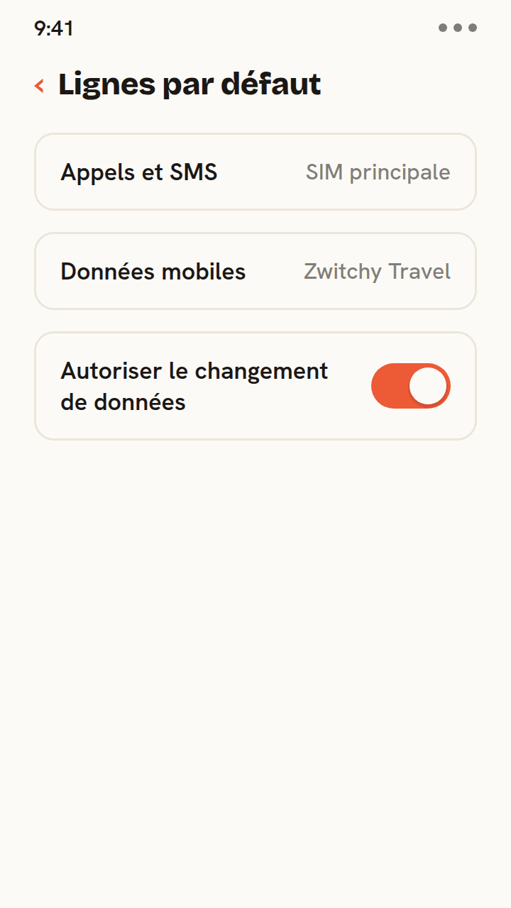 Animation des réglages de ligne en double SIM pour le voyage : les appels et SMS restent sur la SIM principale, les données mobiles passent sur l'eSIM Zwitchy Travel, et Autoriser le changement de données est désactivé.
