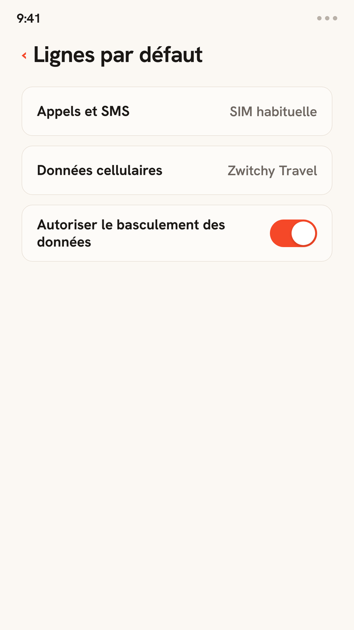 Animation des réglages de ligne en double SIM pour le voyage : les appels et SMS restent sur la SIM principale, les données mobiles passent sur l'eSIM Zwitchy Travel, et Autoriser le changement de données est désactivé.