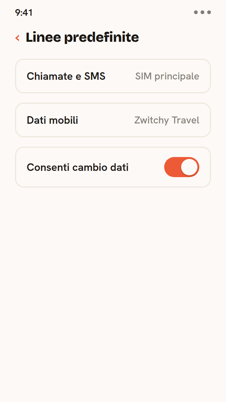 Animazione delle impostazioni di linea dual SIM per il viaggio: chiamate e SMS restano sulla SIM principale, i dati mobili passano alla eSIM Zwitchy Travel e Consenti cambio dati viene disattivato.
