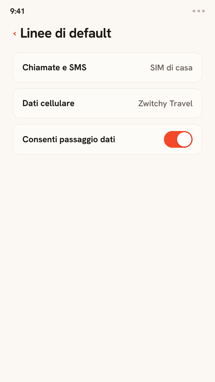 Animazione delle impostazioni di linea dual SIM per il viaggio: chiamate e SMS restano sulla SIM principale, i dati mobili passano alla eSIM Zwitchy Travel e Consenti cambio dati viene disattivato.