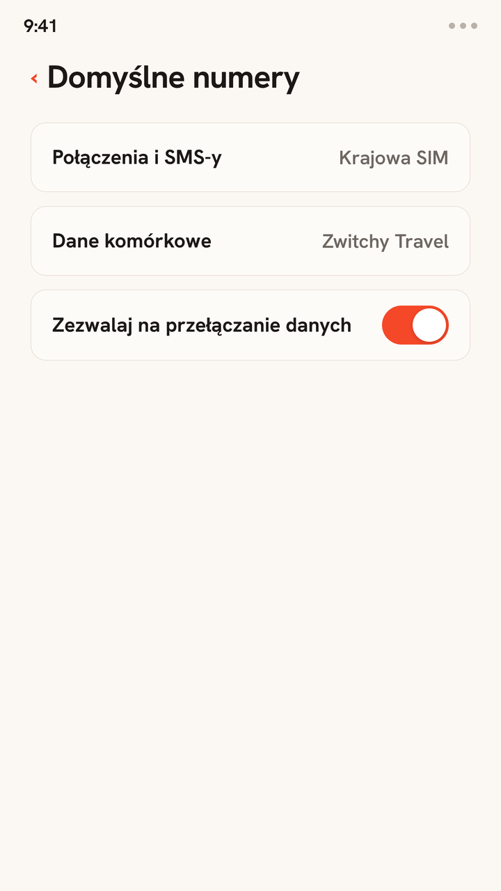 Animacja ustawień linii dual SIM na czas podróży: rozmowy i SMS-y zostają na Twojej karcie SIM, transmisja danych przechodzi na eSIM Zwitchy Travel, a opcja Zezwalaj na przełączanie danych jest wyłączona.