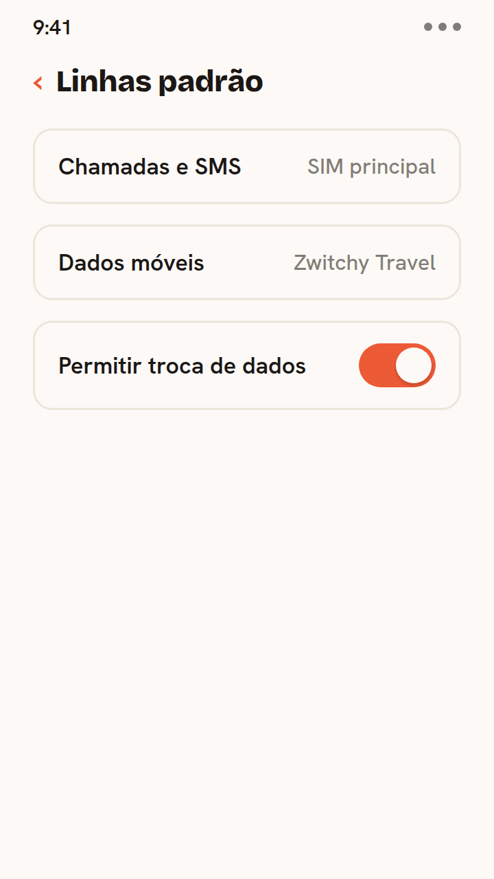 Animação dos ajustes de linha de dual SIM para viagem: chamadas e SMS ficam no SIM principal, os dados móveis passam para o eSIM Zwitchy Travel e Permitir troca de dados é desativado.