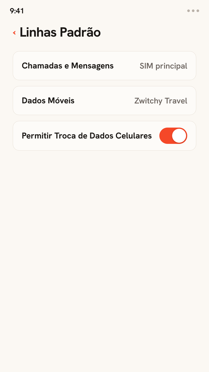 Animação dos ajustes de linha de dual SIM para viagem: chamadas e SMS ficam no SIM principal, os dados móveis passam para o eSIM Zwitchy Travel e Permitir troca de dados é desativado.