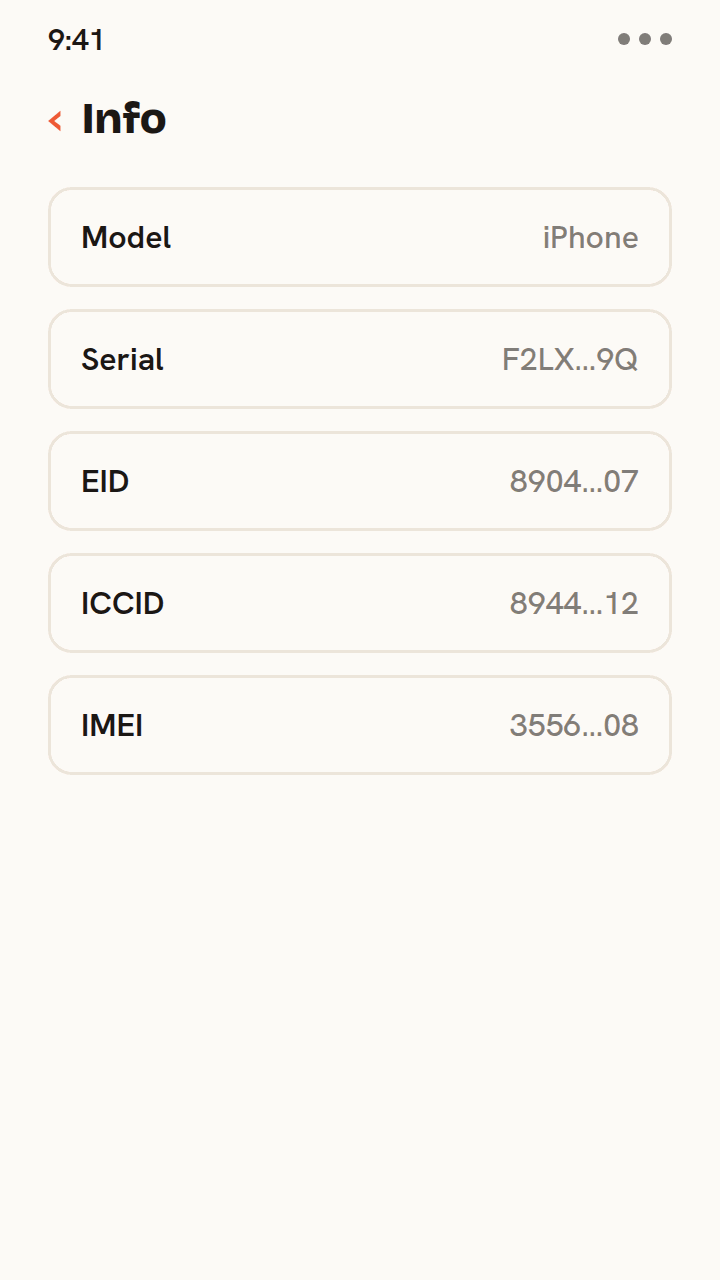 Animation eines iPhone-Info-Bildschirms, in dem nacheinander die Zeilen EID und ICCID hervorgehoben und kopiert werden. So findest du diese eSIM-Kennungen auf deinem Handy.