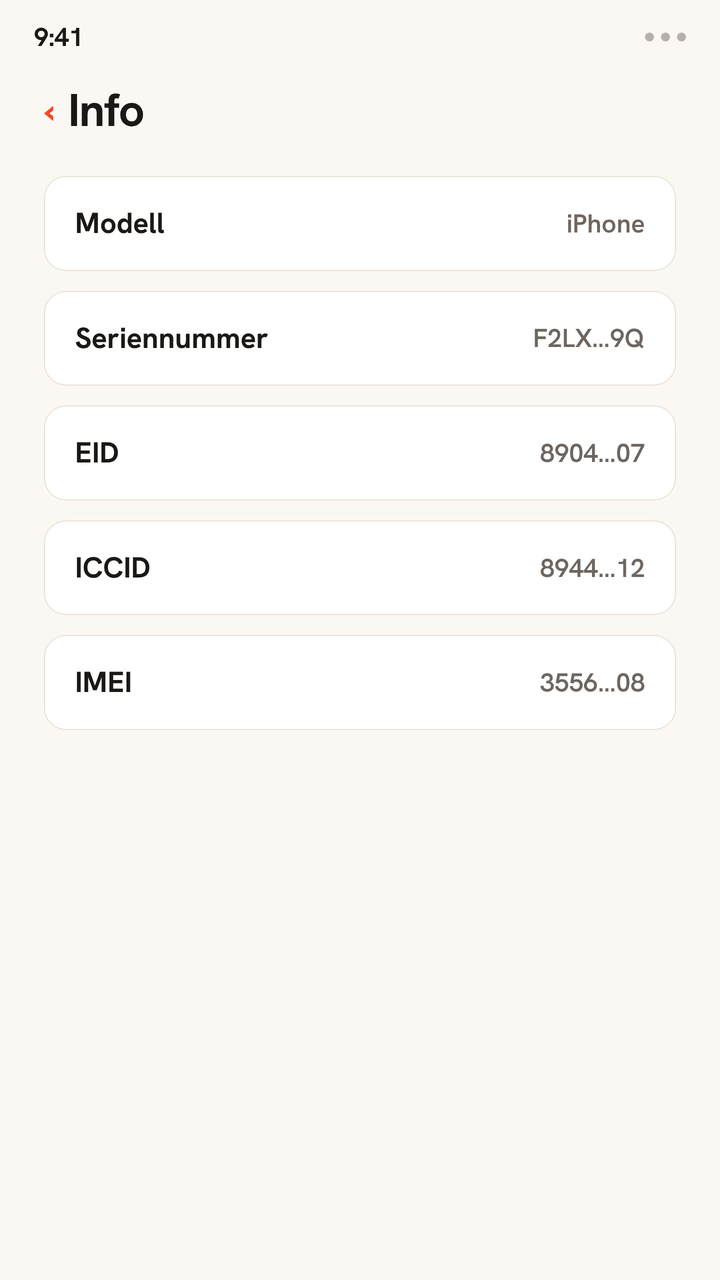 Animation eines iPhone-Info-Bildschirms, in dem nacheinander die Zeilen EID und ICCID hervorgehoben und kopiert werden. So findest du diese eSIM-Kennungen auf deinem Handy.