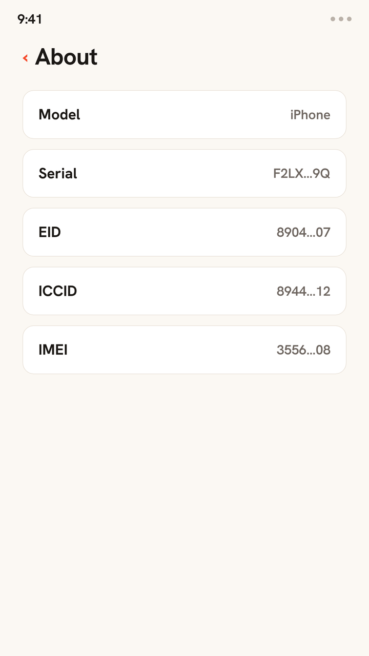 Animation of an iPhone About screen where the EID and then the ICCID rows are highlighted and copied, showing where to find these eSIM identifiers on your phone.