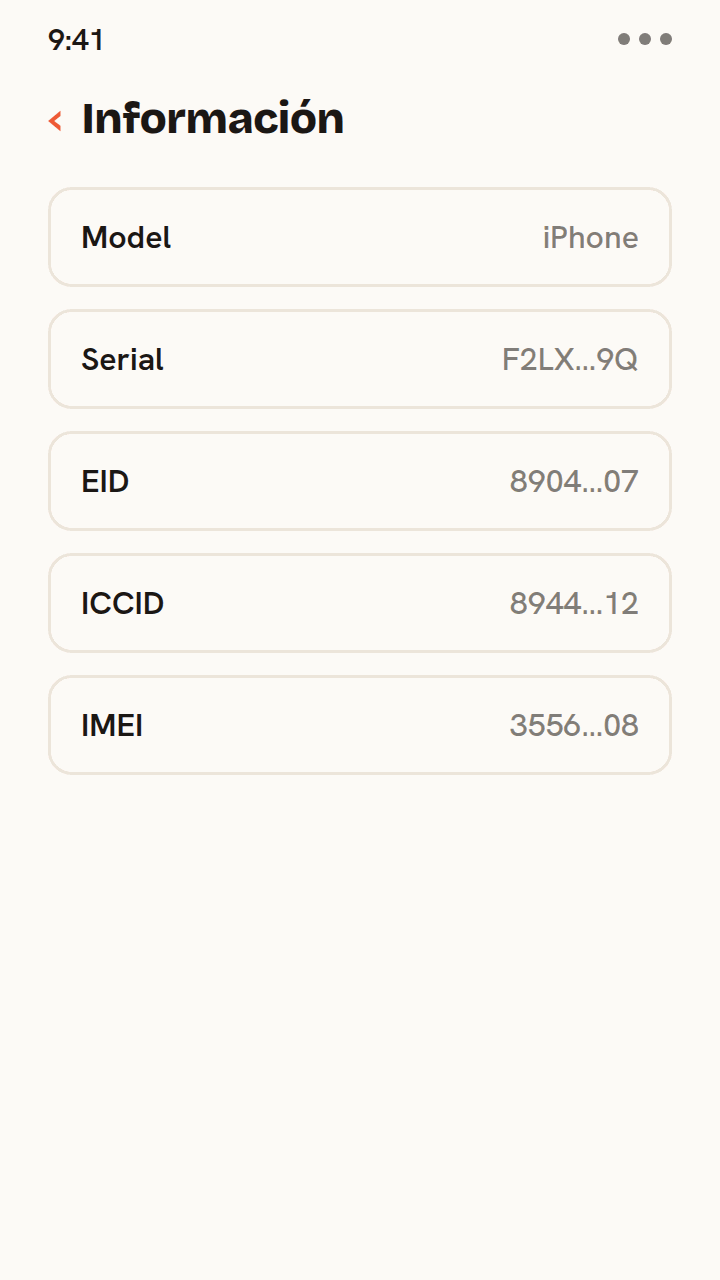 Animación de la pantalla Información de un iPhone donde se resaltan y copian las filas EID y luego ICCID, mostrando dónde encontrar estos identificadores de eSIM en tu teléfono.