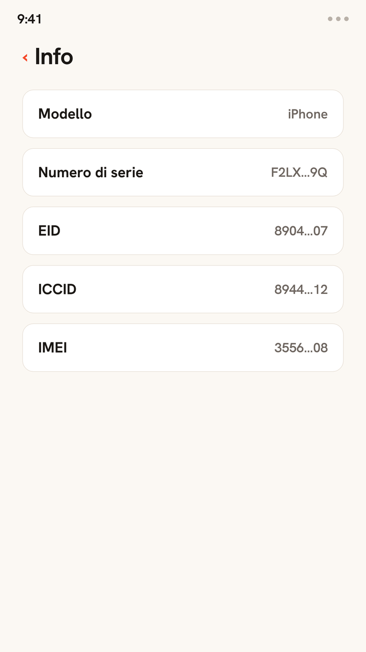 Animazione della schermata Info di un iPhone in cui vengono evidenziate e copiate le righe EID e poi ICCID, mostrando dove trovare questi identificatori eSIM sul telefono.