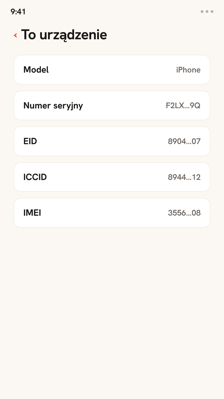 Animacja ekranu To urządzenie w iPhonie: najpierw podświetla się i kopiuje wiersz EID, potem ICCID. Widać, gdzie w telefonie szukać tych identyfikatorów eSIM.