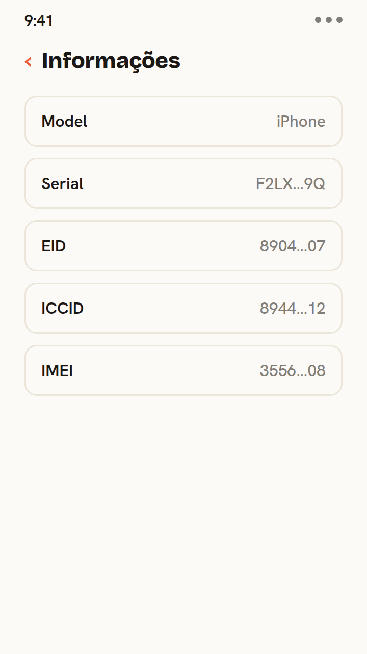 Animação da tela Informações de um iPhone onde as linhas EID e depois ICCID são destacadas e copiadas, mostrando onde encontrar esses identificadores de eSIM no seu telefone.
