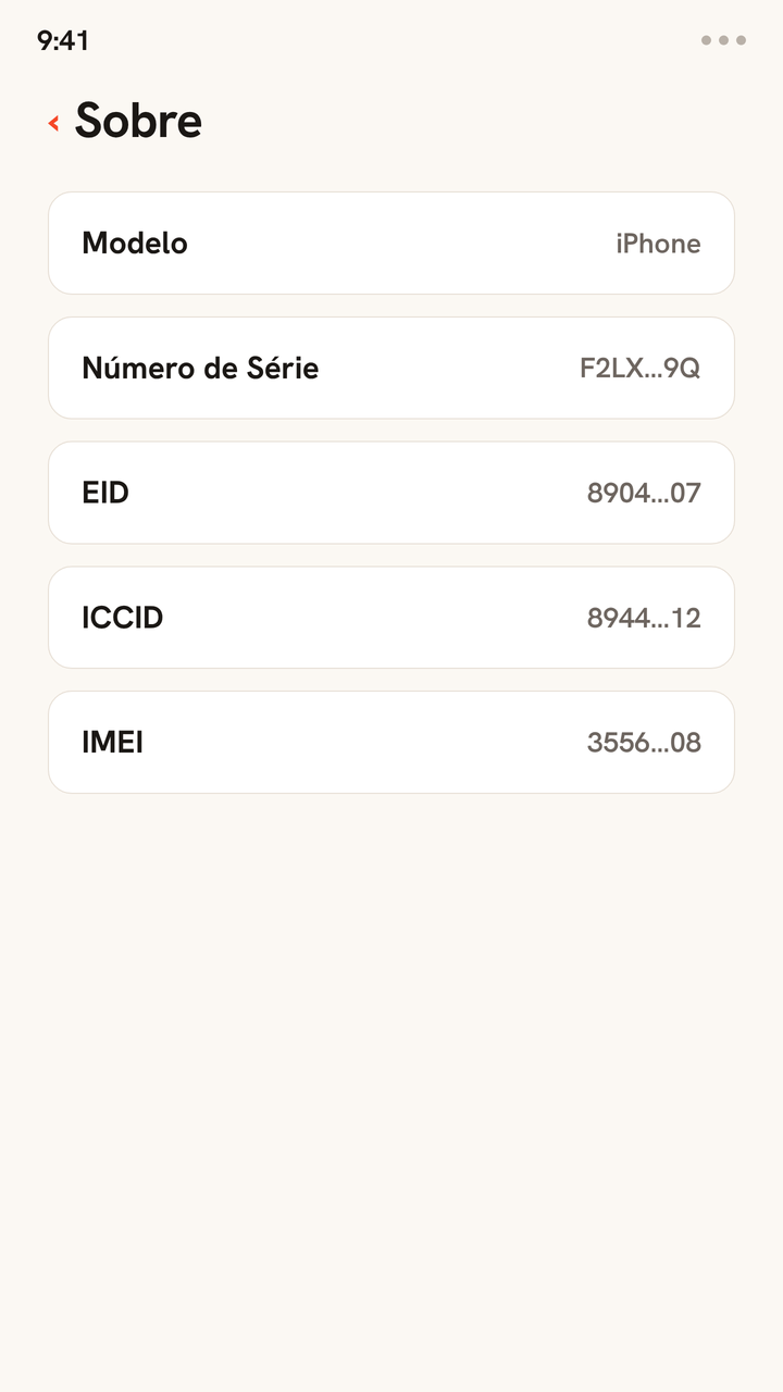 Animação da tela Informações do iPhone: primeiro a linha do EID e depois a do ICCID são destacadas e copiadas, mostrando onde encontrar esses identificadores de eSIM no seu celular.