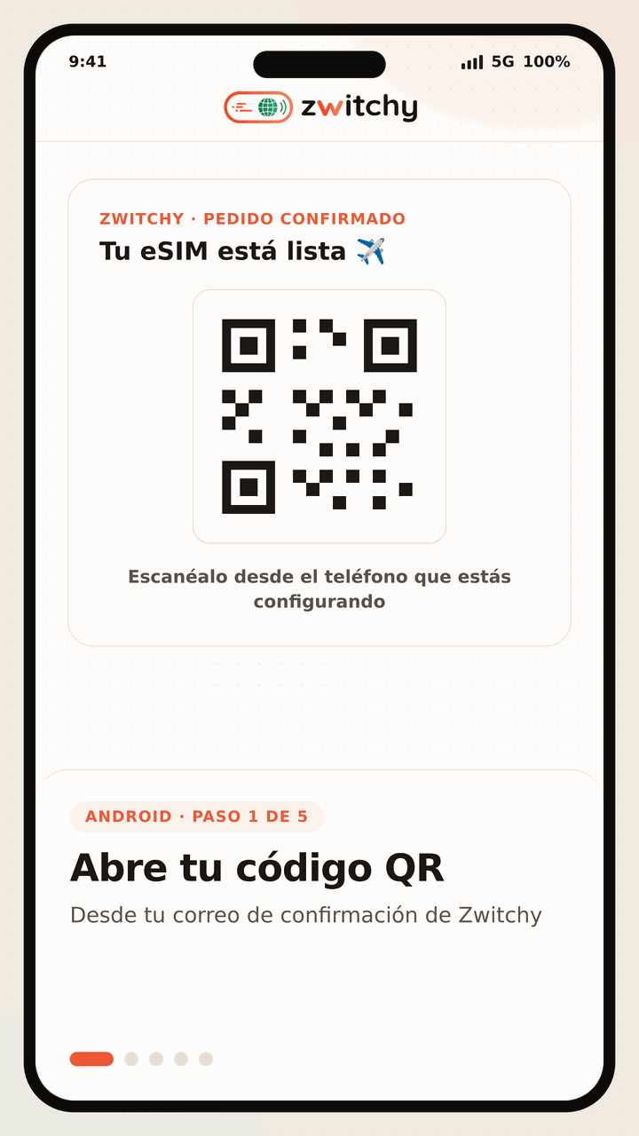 Tutorial animado de cinco pasos para instalar una eSIM de viaje de Zwitchy en un teléfono Android: abre el código QR desde tu correo de confirmación de Zwitchy; en Ajustes abre el Administrador de SIM y toca Añadir eSIM y luego Escanear código QR; escanea el código QR con la cámara y confirma la descarga; nombra el perfil como Zwitchy Travel y selecciónalo como tu SIM de datos manteniendo tu SIM principal para llamadas; y al aterrizar, activa el roaming para conectarte a una red asociada local.