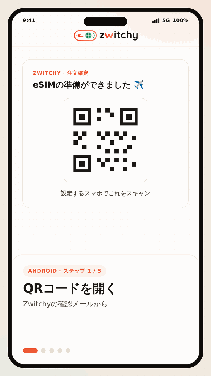 Zwitchyの旅行用eSIMをAndroidスマホに設定する5ステップのアニメーションガイド:Zwitchyの確認メールからQRコードを開き、設定の「SIMマネージャー」で「eSIMを追加」をタップし、「QRコードをスキャン」を選択。カメラでQRコードをスキャンしてダウンロードを確認。プロファイルに「Zwitchy Travel」と名前を付けてデータ通信用のSIMに設定し、通話用のメインSIMはそのまま。到着したらローミングをオンにして現地のパートナー回線に接続します。