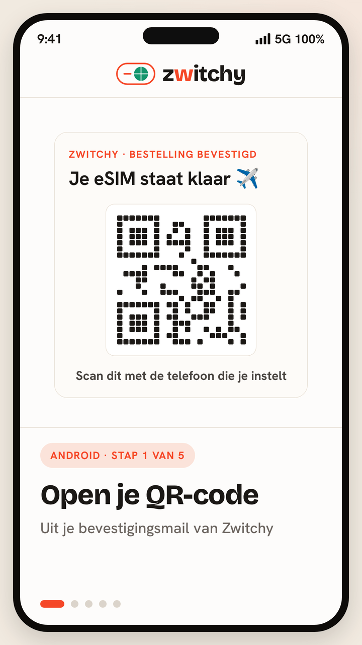 Animatie in vijf stappen voor het installeren van een Zwitchy reis-eSIM op een Android-telefoon: open de QR-code uit je Zwitchy-bevestigingsmail; ga in Instellingen naar het onderdeel voor netwerk en simkaart en kies eSIM toevoegen; scan de QR-code van je provider met de camera; noem het profiel Zwitchy Travel en kies het als simkaart voor mobiele data terwijl je eigen simkaart voor bellen en sms blijft; en zet na de landing dataroaming aan voor die lijn om verbinding te maken met een lokaal partnernetwerk.