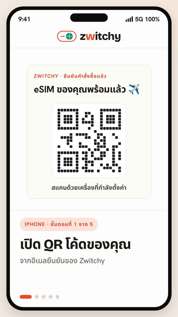 ภาพเคลื่อนไหว 5 ขั้นตอนการติดตั้ง eSIM สำหรับนักเดินทางของ Zwitchy บน iPhone เปิด QR โค้ดจากอีเมลยืนยันของ Zwitchy เปิดการตั้งค่าไปที่เซลลูลาร์แล้วเพิ่ม eSIM แตะใช้ QR โค้ด สแกนโค้ดด้วยกล้องเพื่อเพิ่มแพ็กเกจเซลลูลาร์ ตั้งชื่อเบอร์ว่า Zwitchy Travel แล้วตั้งเป็นเบอร์สำหรับดาต้าโดยยังใช้ซิมหลักสำหรับโทร และเปิดดาต้าโรมมิ่งหลังลงเครื่องเพื่อเชื่อมต่อเครือข่ายพันธมิตรในพื้นที่