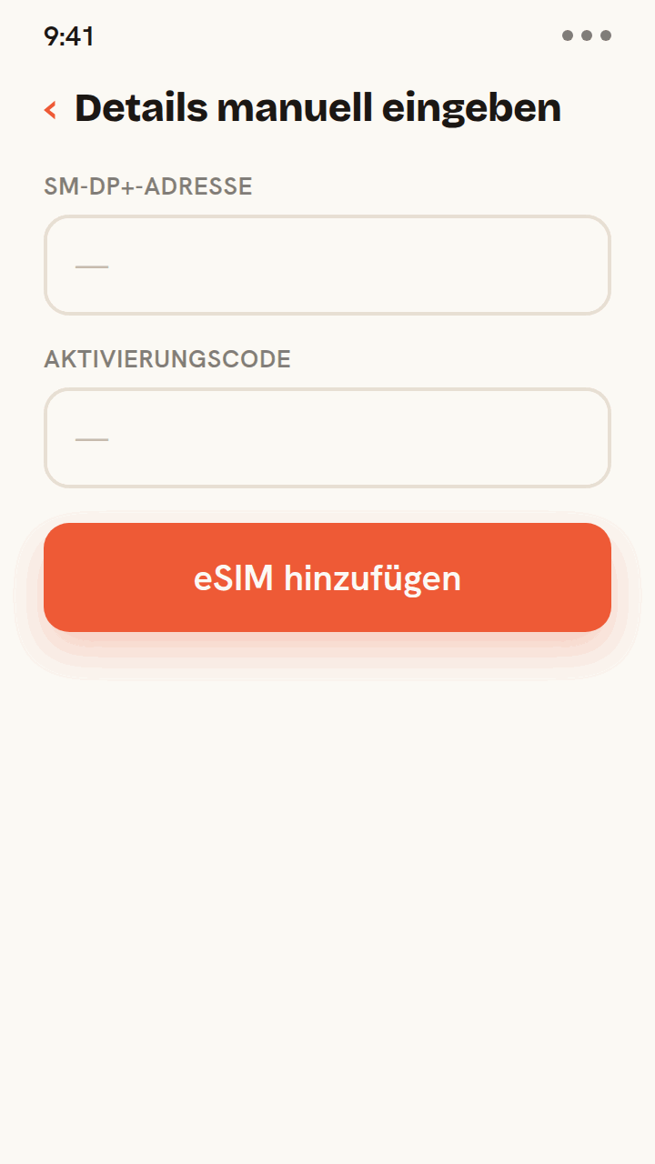 Animierte Anleitung zur Installation einer Zwitchy-eSIM ohne QR-Code: Gib die SM-DP+-Adresse und den Aktivierungscode aus deiner Zwitchy-E-Mail in die manuellen Eingabefelder ein, tippe auf eSIM hinzufügen, und die eSIM wird mit einer Erfolgsbestätigung installiert.