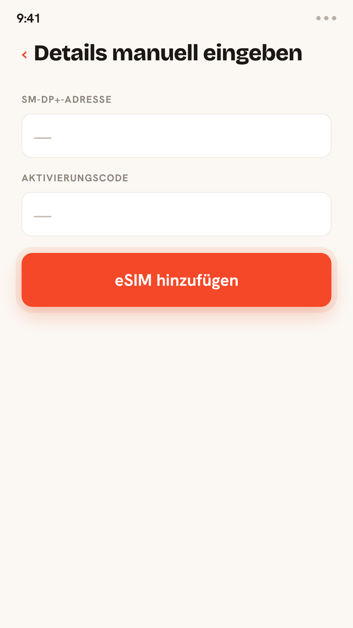 Animierte Anleitung zur Installation einer Zwitchy-eSIM ohne QR-Code: Gib die SM-DP+-Adresse und den Aktivierungscode aus deiner Zwitchy-E-Mail in die manuellen Eingabefelder ein, tippe auf eSIM hinzufügen, und die eSIM wird mit einer Erfolgsbestätigung installiert.