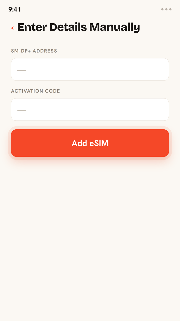Animated walkthrough of installing a Zwitchy eSIM without a QR code: type the SM-DP+ address and the activation code from your Zwitchy email into the manual-entry fields, tap Add eSIM, and the eSIM installs with a success confirmation.
