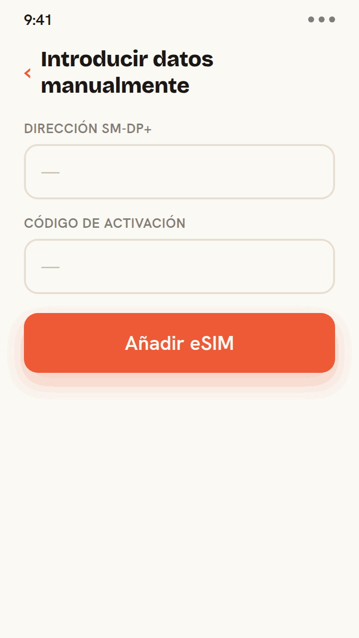 Tutorial animado para instalar una eSIM de Zwitchy sin código QR: escribe la dirección SM-DP+ y el código de activación de tu correo de Zwitchy en los campos manuales, toca Añadir eSIM y la eSIM se instala con una confirmación de éxito.