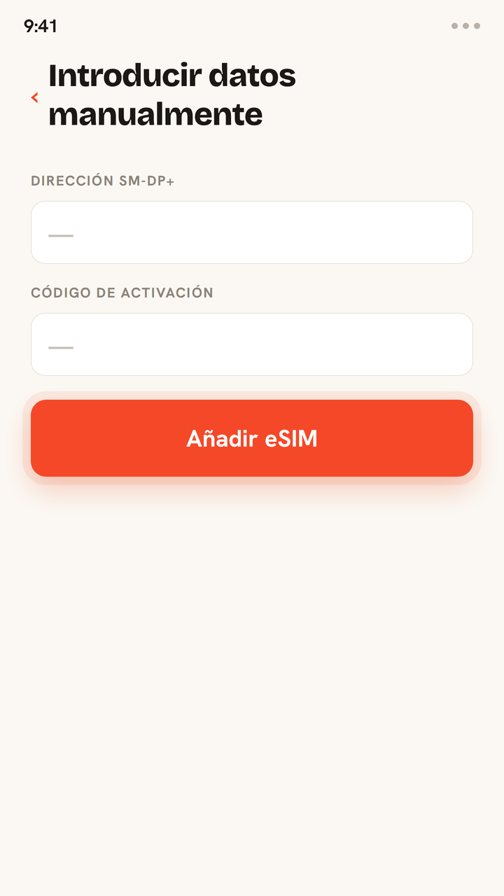 Tutorial animado para instalar una eSIM de Zwitchy sin código QR: escribe la dirección SM-DP+ y el código de activación de tu correo de Zwitchy en los campos manuales, toca Añadir eSIM y la eSIM se instala con una confirmación de éxito.
