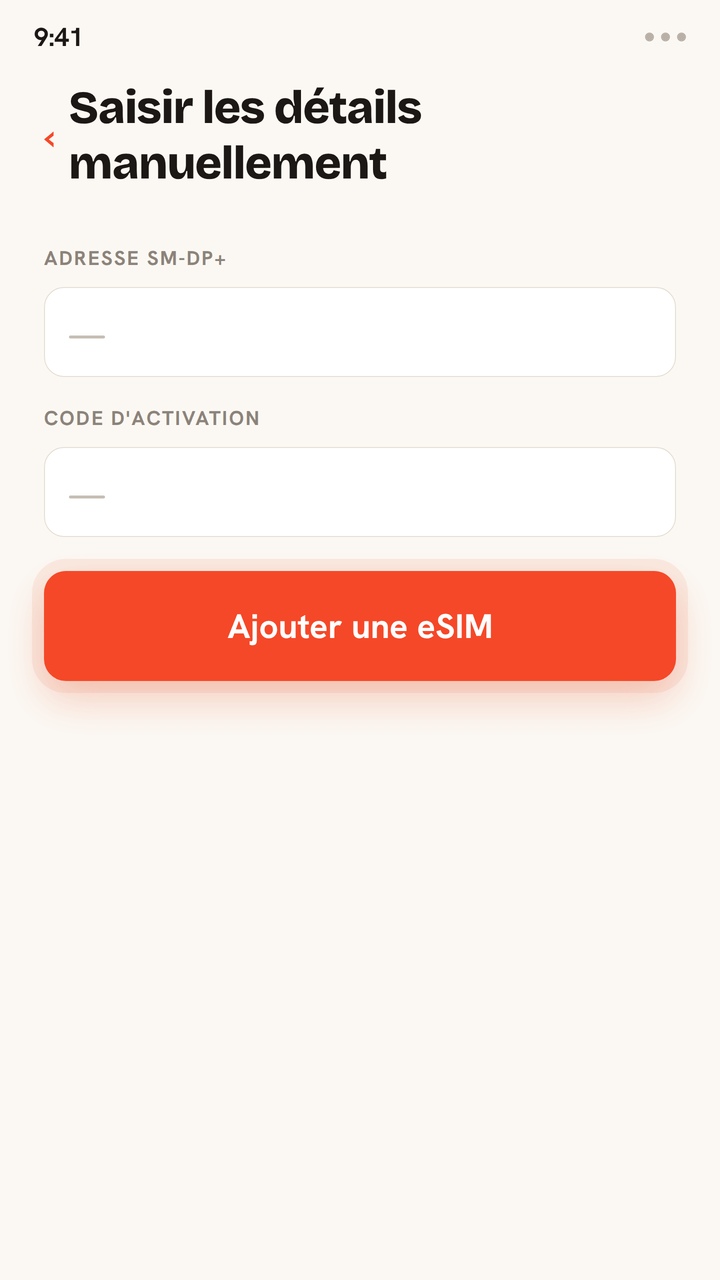 Tutoriel animé pour installer une eSIM Zwitchy sans QR code : saisis l'adresse SM-DP+ et le code d'activation de ton e-mail Zwitchy dans les champs manuels, touche Ajouter l'eSIM, et l'eSIM s'installe avec une confirmation de réussite.