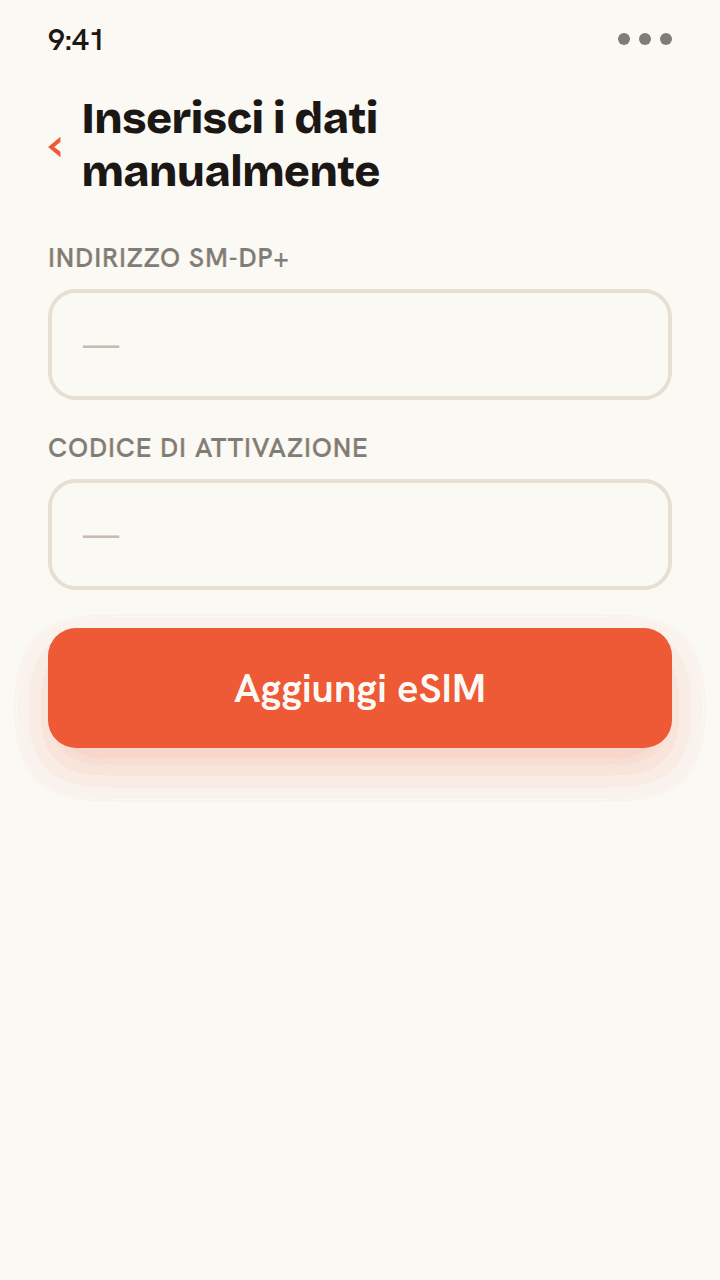 Tutorial animato per installare una eSIM Zwitchy senza codice QR: inserisci l'indirizzo SM-DP+ e il codice di attivazione dalla tua email Zwitchy nei campi manuali, tocca Aggiungi eSIM e la eSIM si installa con una conferma di successo.