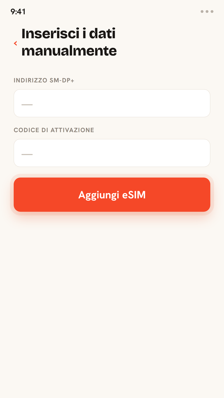 Tutorial animato per installare una eSIM Zwitchy senza codice QR: inserisci nei campi manuali l'indirizzo SM-DP+ e il codice di attivazione che trovi nell'email Zwitchy, tocca Aggiungi eSIM e l'installazione si conclude con un messaggio di conferma.