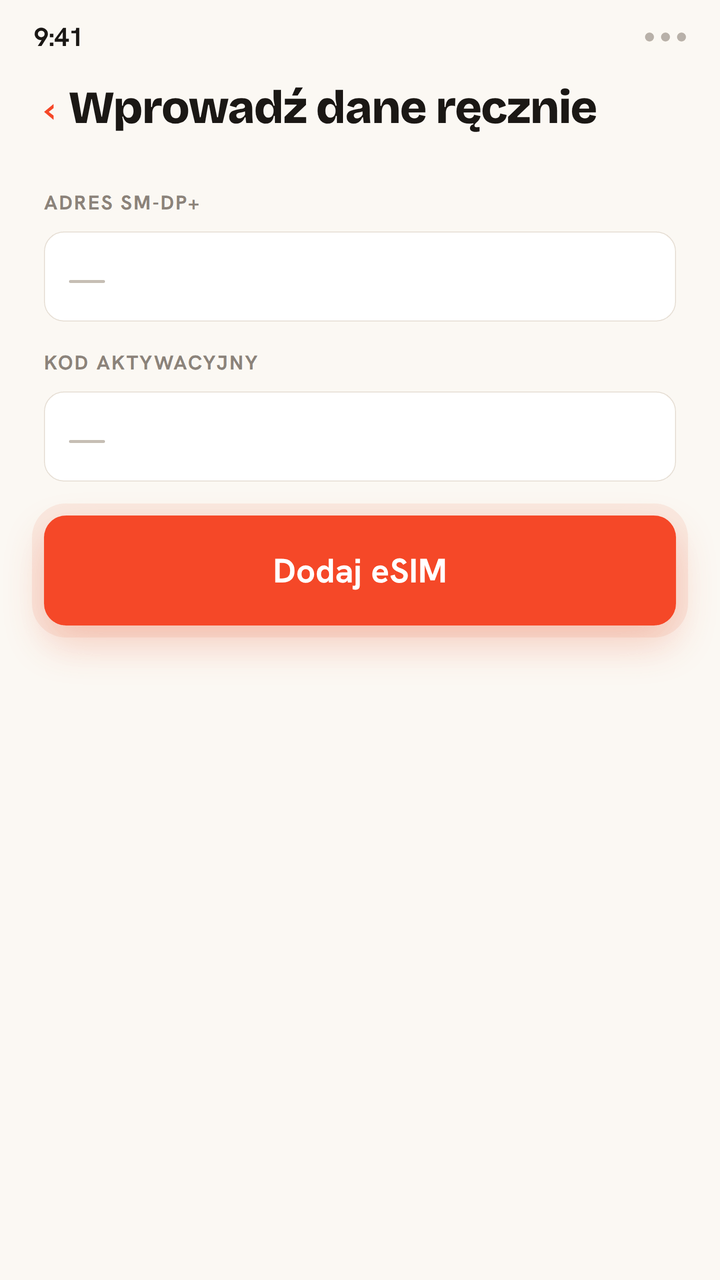 Animowany poradnik instalacji eSIM Zwitchy bez kodu QR: wpisz adres SM-DP+ i kod aktywacyjny z maila od Zwitchy w pola ręcznego wprowadzania, dotknij Dodaj eSIM, a eSIM zainstaluje się i zobaczysz potwierdzenie.