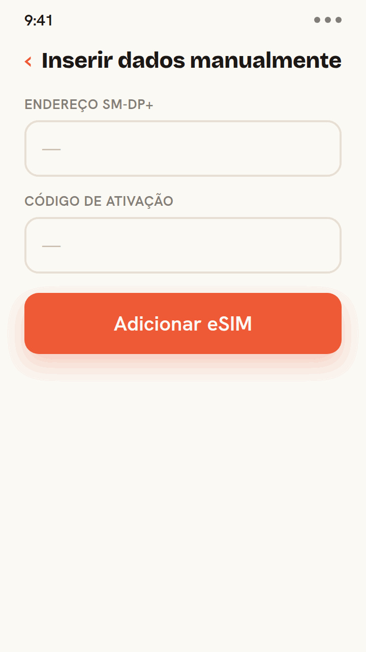 Tutorial animado para instalar um eSIM da Zwitchy sem código QR: digite o endereço SM-DP+ e o código de ativação do seu e-mail da Zwitchy nos campos manuais, toque em Adicionar eSIM e o eSIM é instalado com uma confirmação de sucesso.