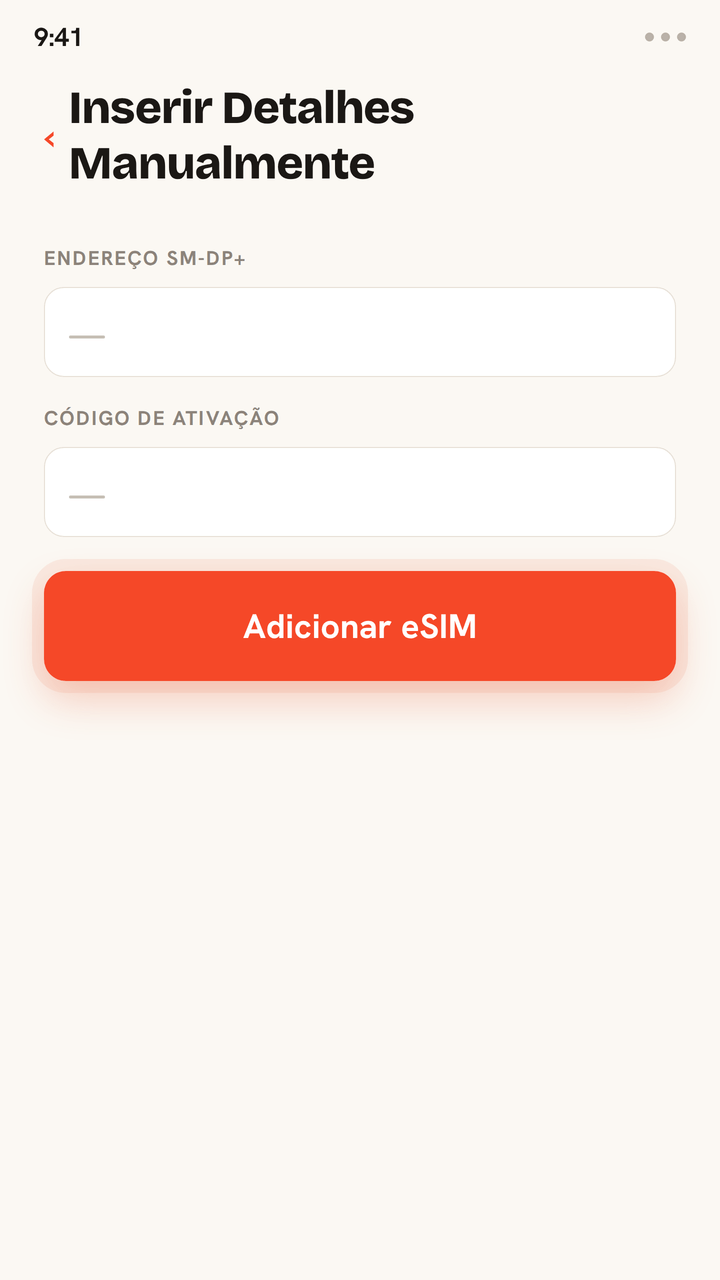 Tutorial animado para instalar um eSIM da Zwitchy sem código QR: digite o endereço SM-DP+ e o código de ativação do seu e-mail da Zwitchy nos campos manuais, toque em Adicionar eSIM e o eSIM é instalado com uma confirmação de sucesso.
